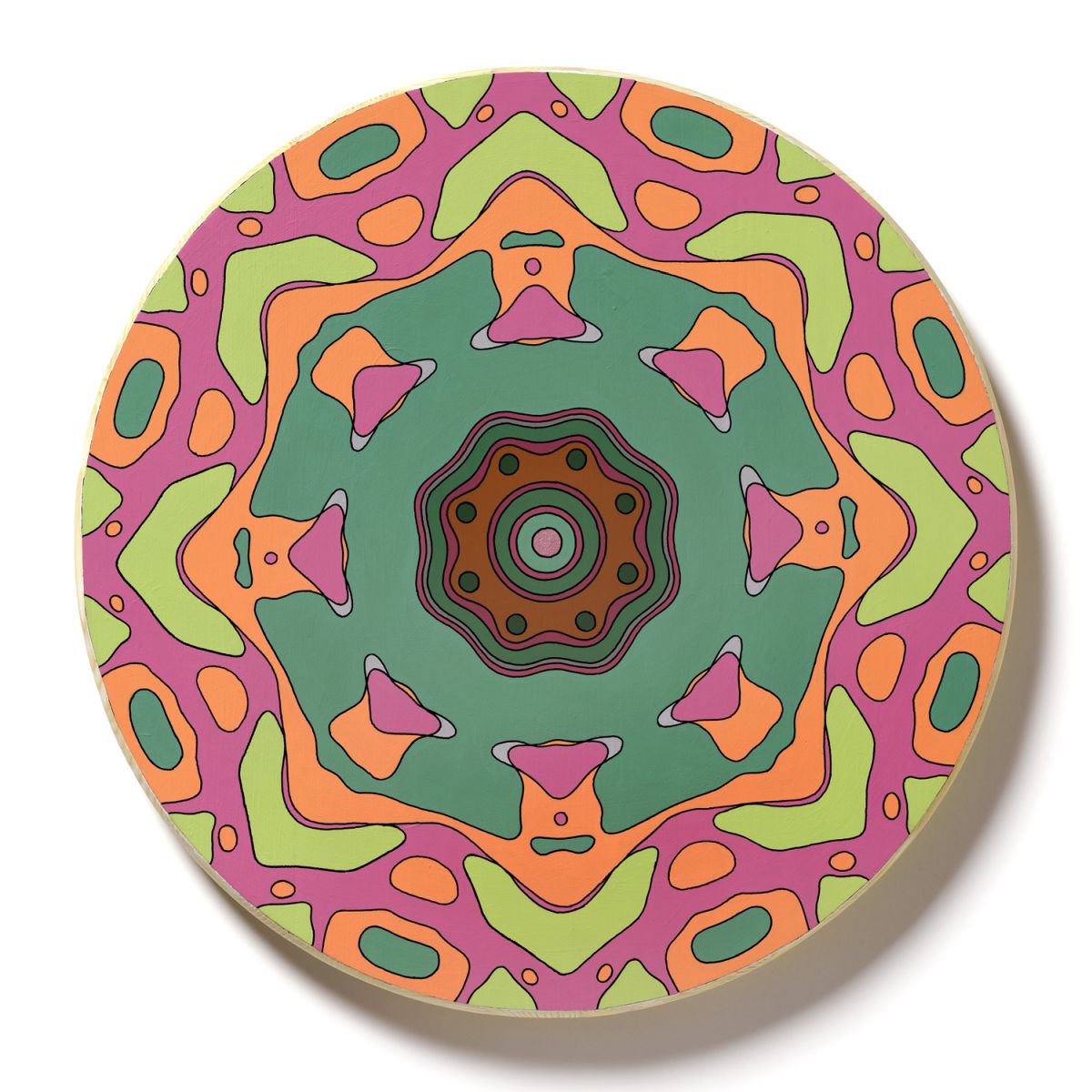 <br/>Crestlake Bedrock, 2023<br/>18" diameter<br/>acrylic, opaque marker and glitter on wood